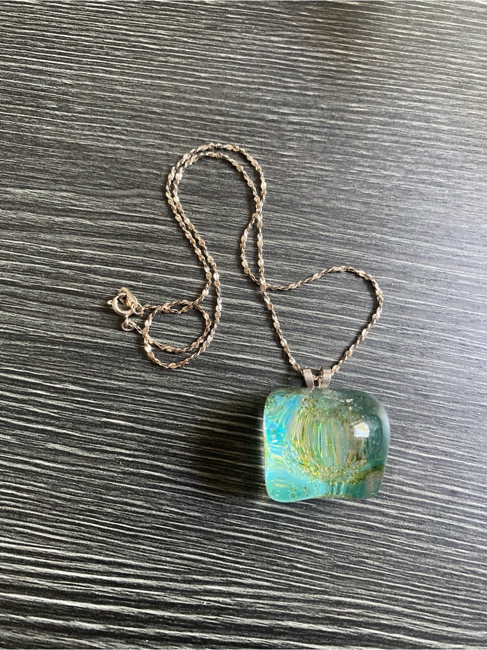 Aqua Glass Pendant Necklace with silver Tone Chain